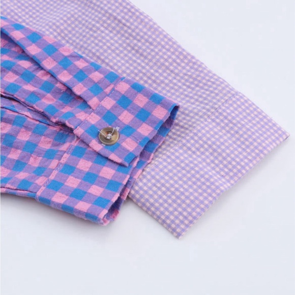 Lightweight Purple & Pink Checkered Plaid Button Down Top, Frayed Hem - Picture 14 of 15